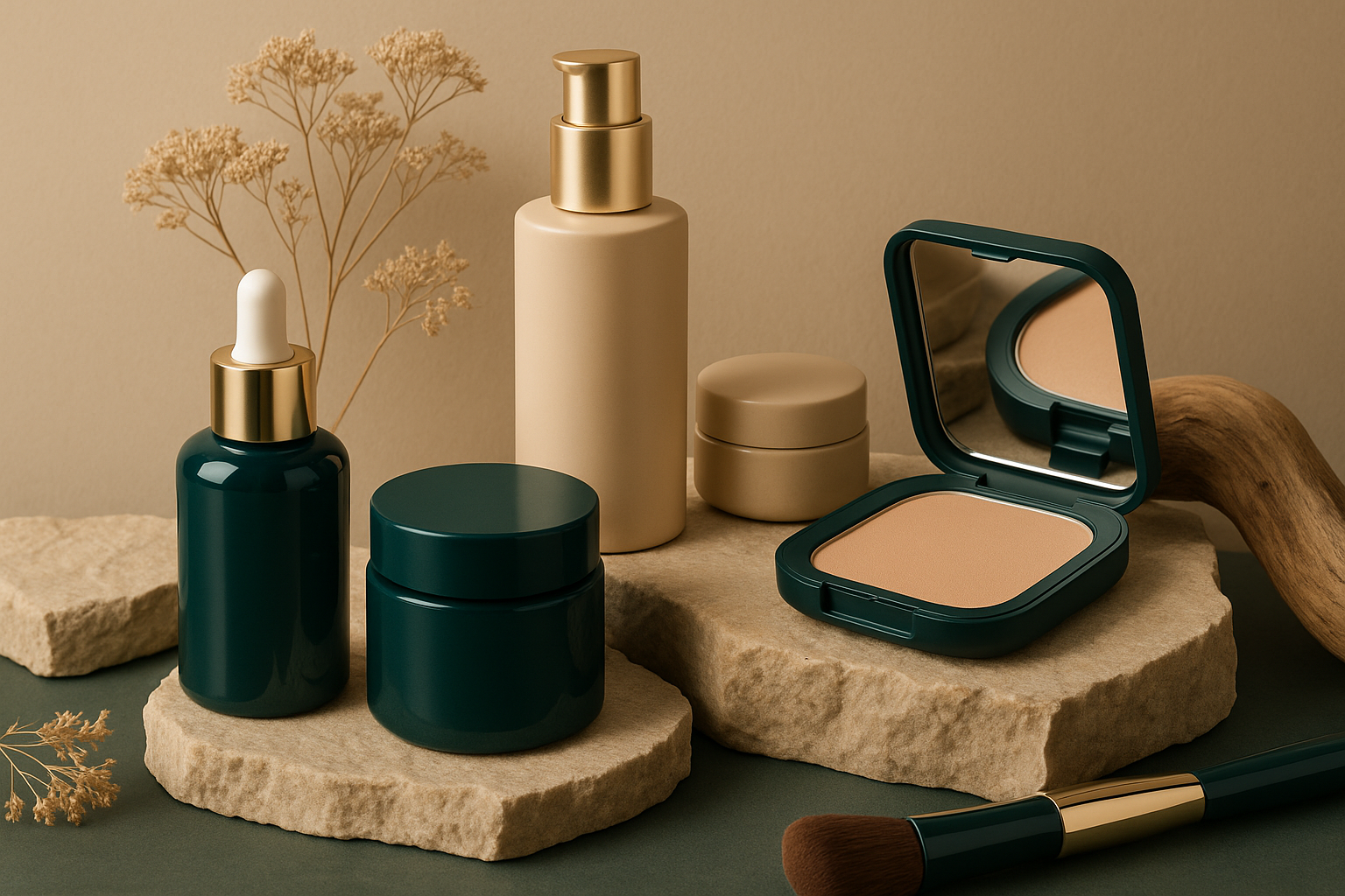 Produtos com séruns cremes maquillaje com luxo cor verde petróleo e bege claro e ambiente natural 